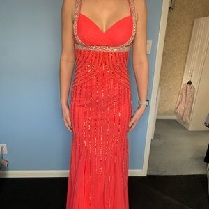 Coral sequin and beaded prom gown